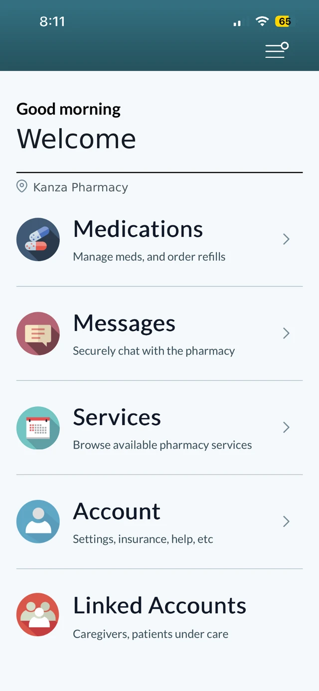 Kanza Pharmacy Patient Portal with medications, messages, services, account and linked accounts