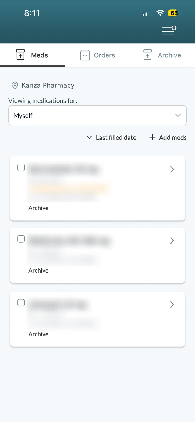 Kanza Pharmacy Patient Portal prescription refill screen